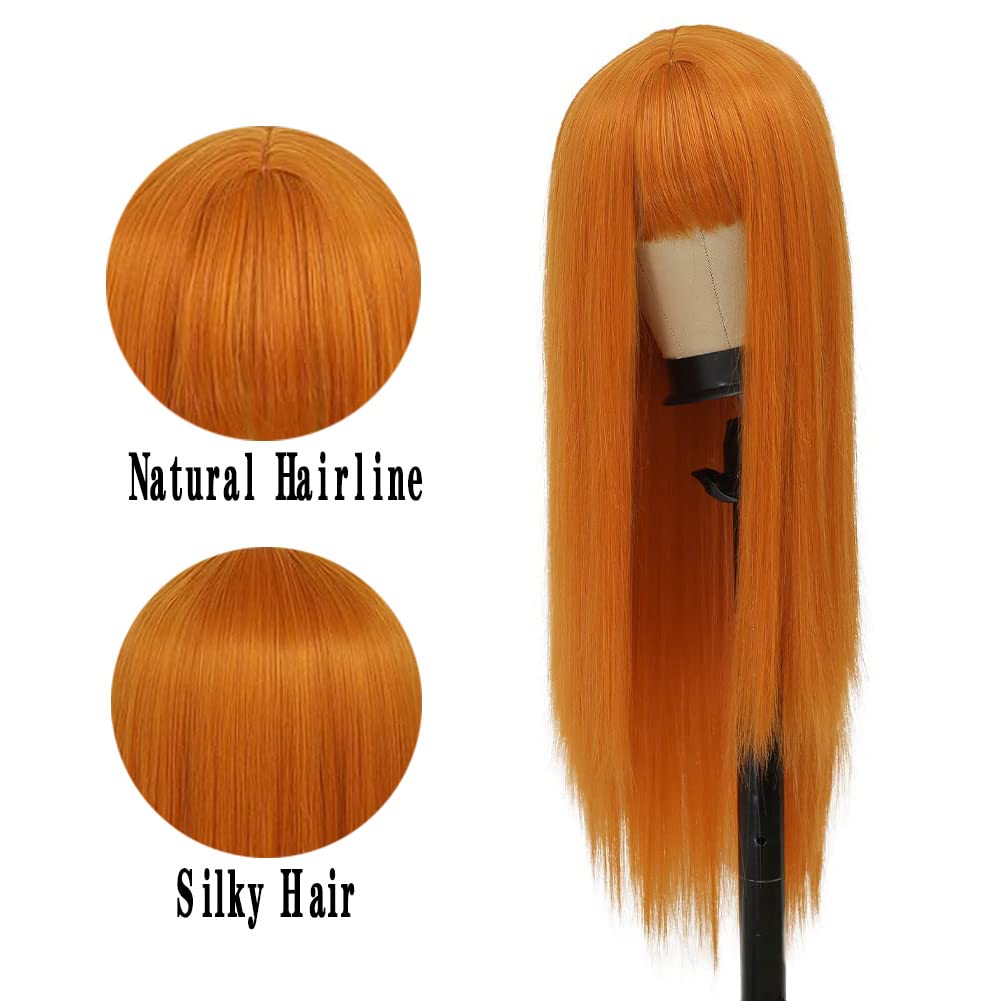 Kaneles Orange Long Straight Wigs for Women with Bangs - Heat Resistant Synthetic Fiber Cosplay Party Wig for Halloween, Costume Events & Anime Conventions