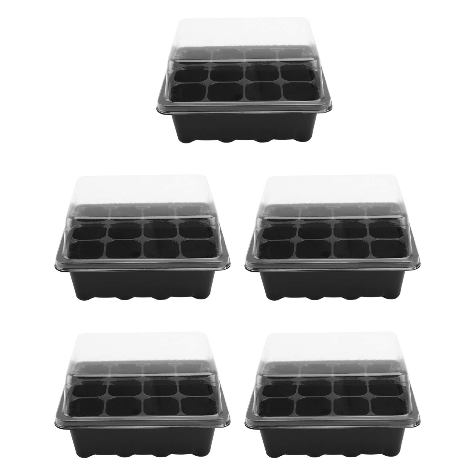 5 Pack Seed Starter Kit - 12 Cells Trays with Humidity Dome for Gardening, Plant Propagation, Bonsai & Germination - Perfect for Indoor & Outdoor Planting (Black)