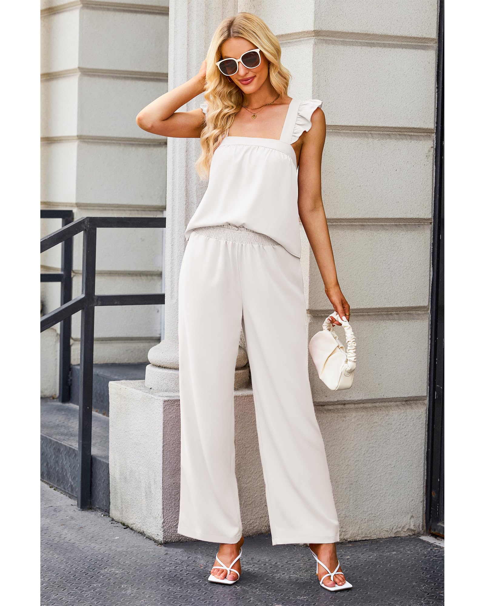 Luvamia Women's Two Piece Outfits - Flowy Square Neck Top & High Waisted Wide Leg Pants with Pockets | Summer Vacation Outfit Set | Beach, Travel, Casual Wear