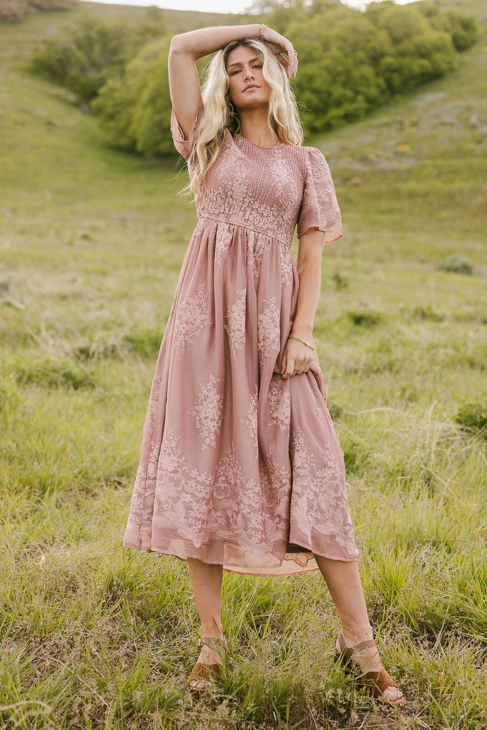 Alora Embroidered Floral Maxi Dress for Women - Elegant Dusty Rose Summer Wedding Guest Dress | Perfect for Beach Vacations, Garden Parties & Date Nights