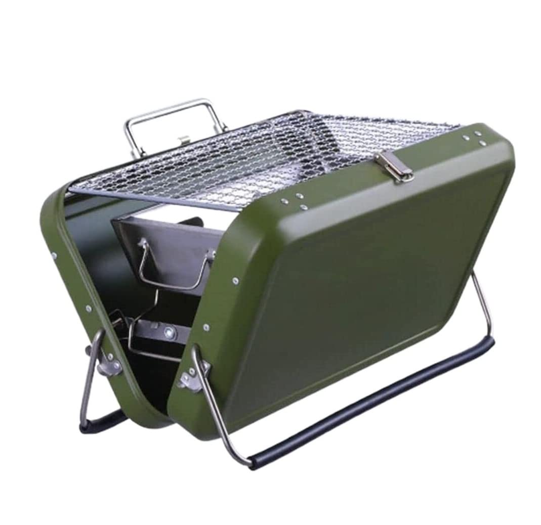 Portable Charcoal BBQ Grill - Small Cast Iron Outdoor Grill with Stainless Steel & Convenient Handle - Perfect for Camping, Picnics, Backyard Cookouts (Green)