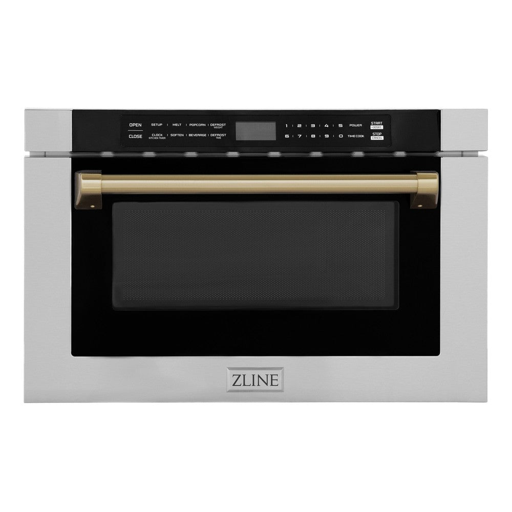 ZLINE Autograph Edition 24 Inch Built-In Microwave Drawer - 1.2 cu.ft Stainless Steel with Champagne Bronze Accents - Traditional Handle Design - Perfect for Modern Kitchens & Luxury Homes (MWDZ 1 H CB)
