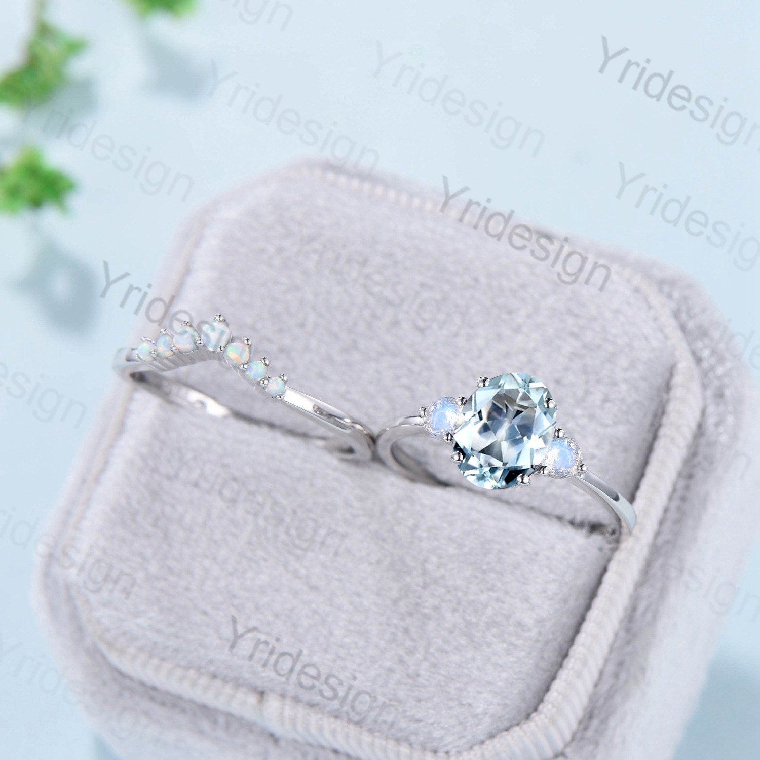 1.5CT Oval Aquamarine Engagement Ring Set - 14K Gold 3 Stone Moonstone Wedding Ring for Women, Art Deco Style Opal Stacking Band, Anniversary Gift for Her - Perfect for Proposals, Weddings & Special Occasions