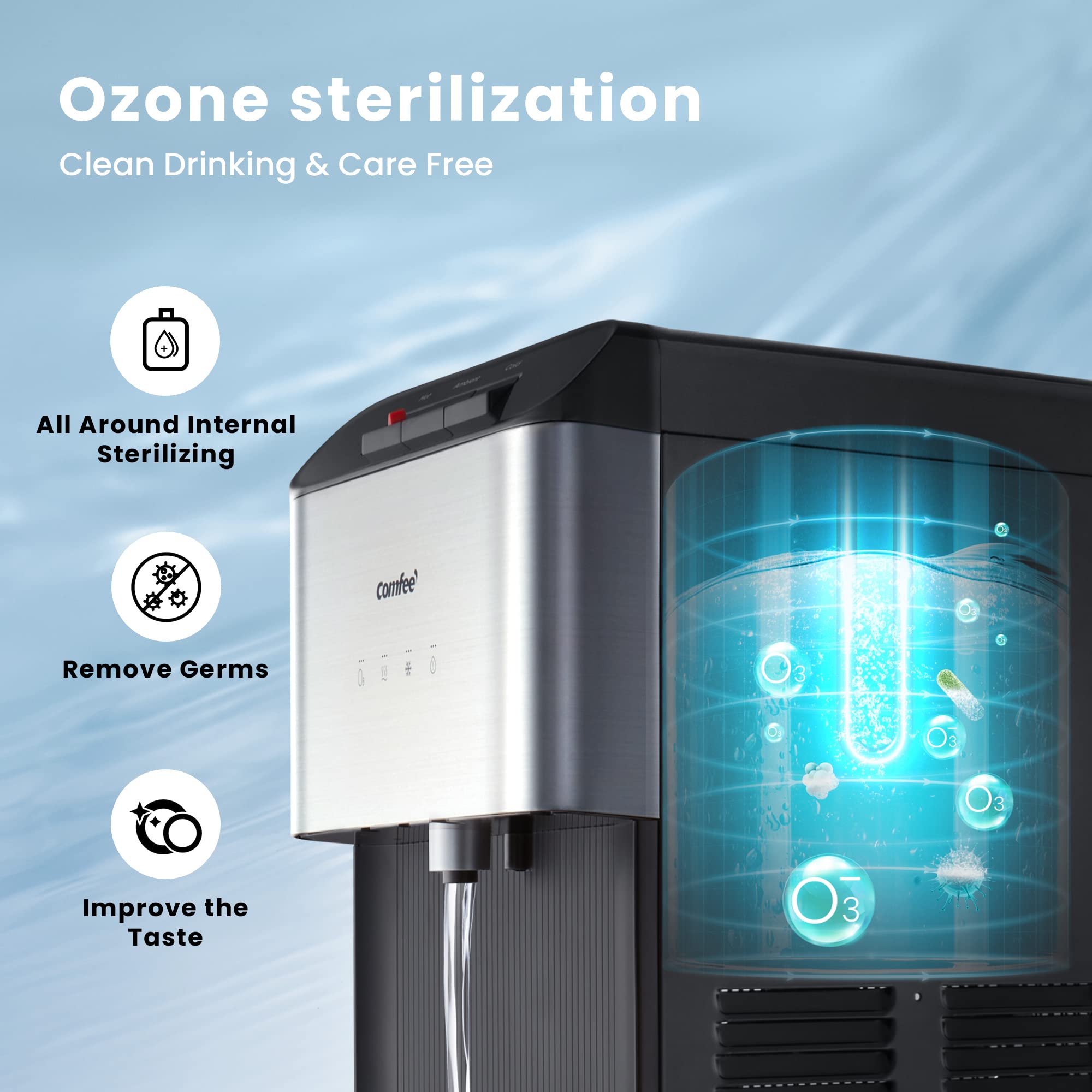 Comfee Ozone Self-Cleaning Bottom Loading Water Cooler Dispenser - 3 Temperature Settings, Child Safety Lock, Stainless Steel Design for Home & Office Use | Fast Cooling, Space Saving Water Dispenser for Daily Hydration Needs