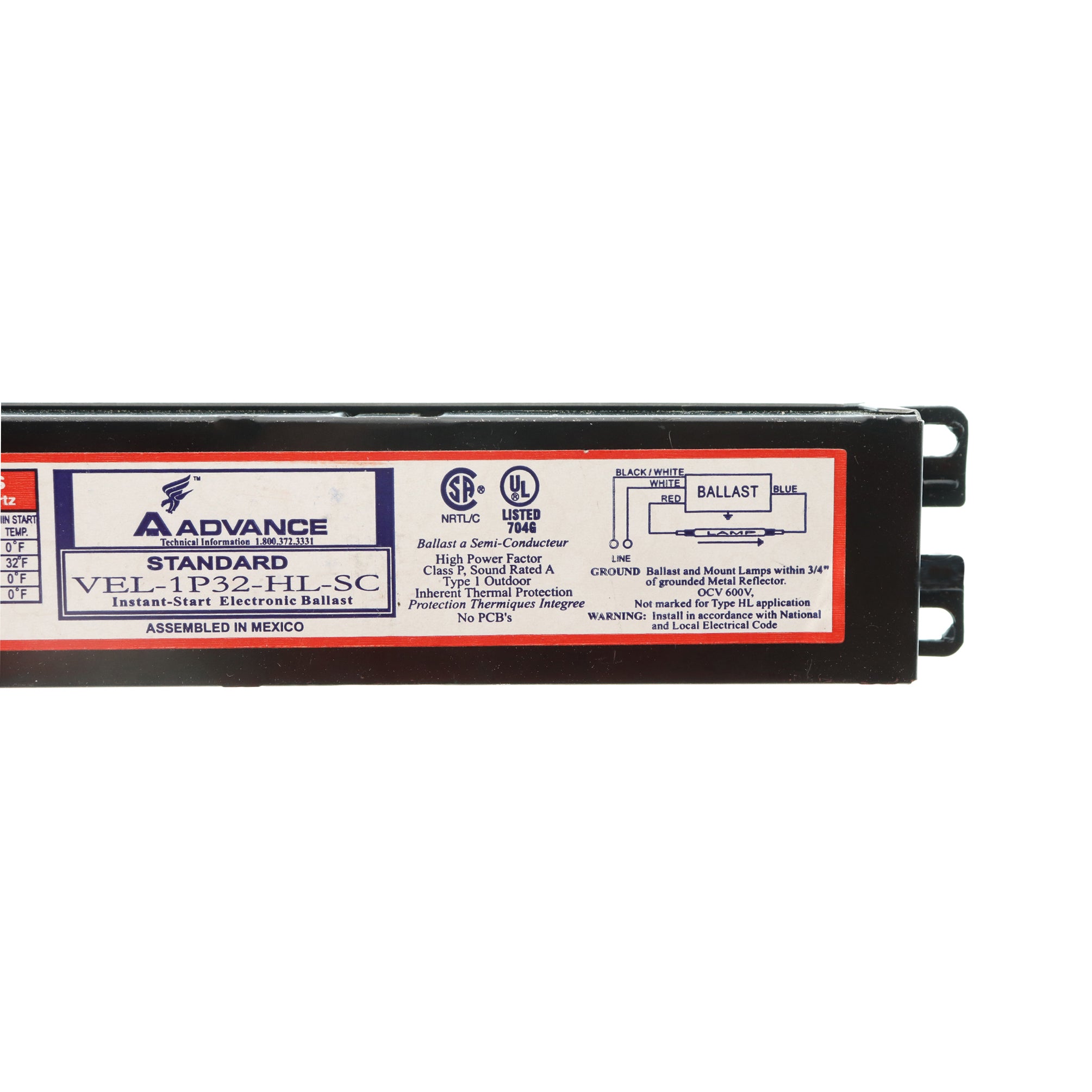 Advance VEL 1P32 HL SC Fluorescent Ballast - 1 Lamp T8 F32T8 32W 277V for Commercial Lighting & Warehouse Fixtures