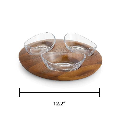 Nambe Vie 3-Piece Condiment Server Set with Acacia Wood Tray & Glass Bowls - Perfect for Serving Nuts, Olives, Dips & Snacks - Elegant Entertaining & Party Serving Dish (12.5