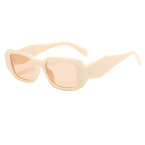 Trendy Retro Rectangle Sunglasses for Women & Men - UV400 Protection Square Frame Fashion Eyewear (Beige) | Perfect for Beach, Driving & Outdoor Activities