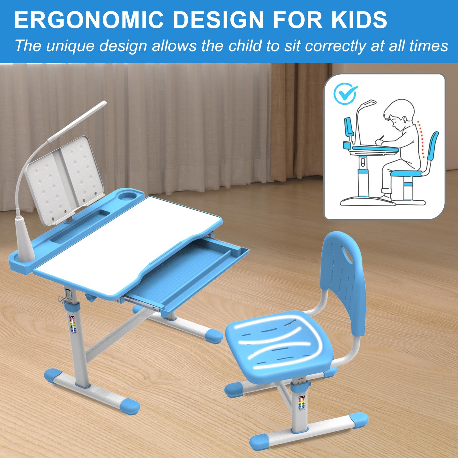BELANITAS Adjustable Kids Desk and Chair Set - Ergonomic Study Desk with 3-Level Lighting, 40° Tiltable Tabletop & Height Adjustable for Children - Perfect Back to School Gift (Blue) - Ideal for Homework, Drawing & Online Learning at Home