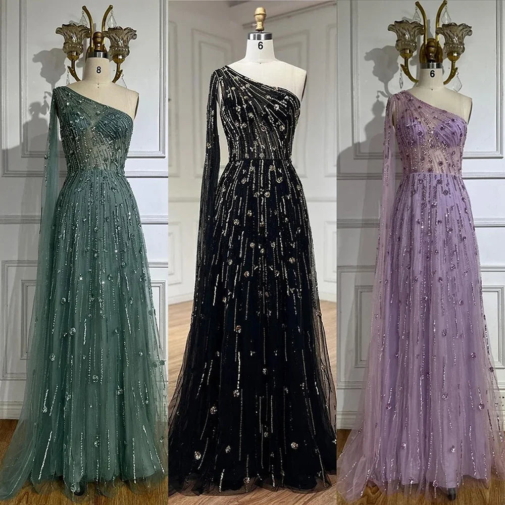 Elegant Turquoise Beaded One Shoulder Evening Gown with Cape Sleeves - LA72503 | Perfect for Prom, Gala & Formal Events