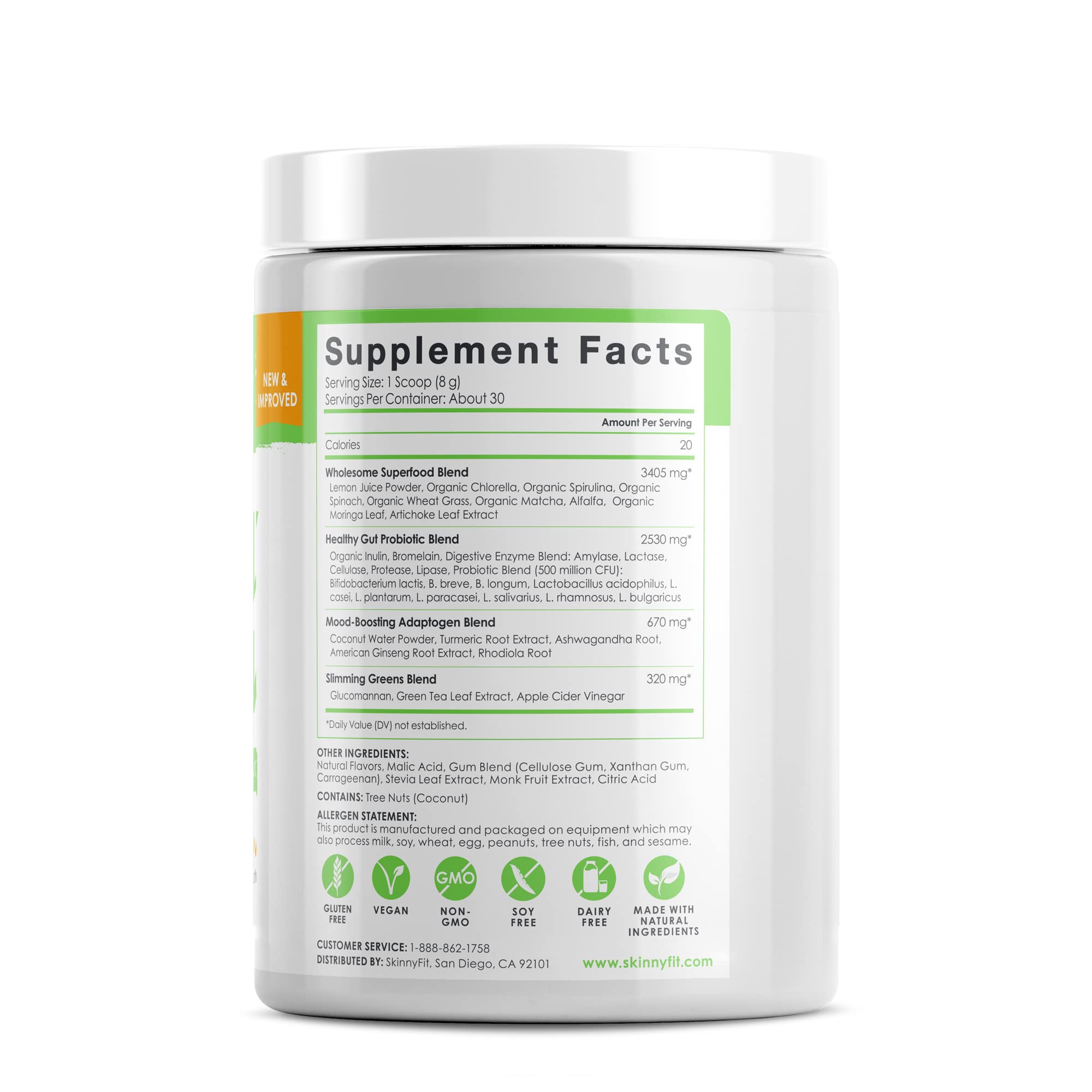 SkinnyFit Mango Splash Skinny Greens Superfood Powder - Natural Energy & Focus Booster with Spirulina & Chlorella, Reduces Bloating, 30 Servings - Perfect for Smoothies, Detox & Daily Wellness Routine