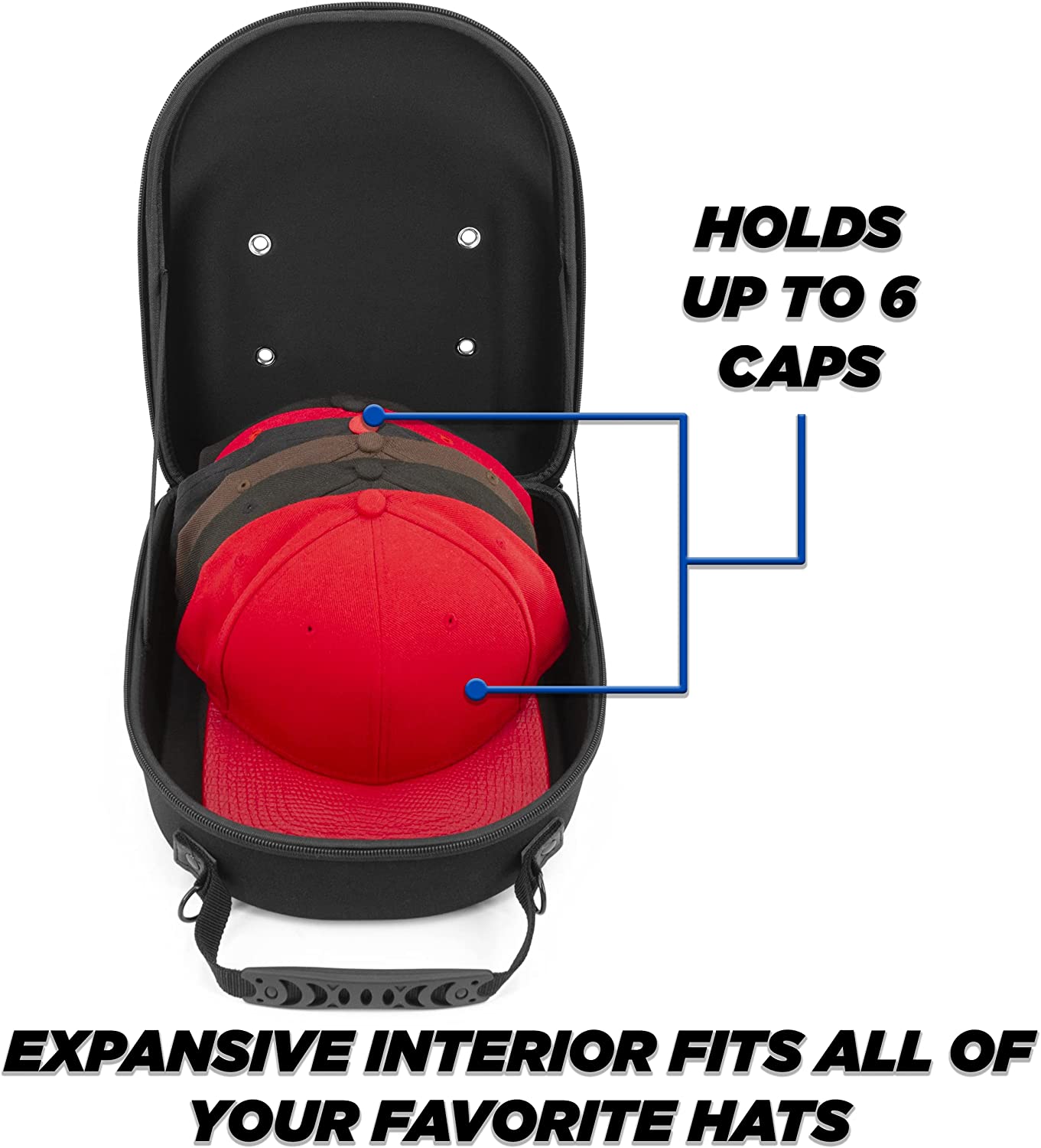 CASEMATIX Hard Shell Baseball Cap Travel Case - Holds 6 Hats with Adjustable Shoulder Strap & Carry Handle - Protective Storage for Baseball Caps, Snapbacks, and Hats - Perfect for Travel, Sports, and Outdoor Adventures