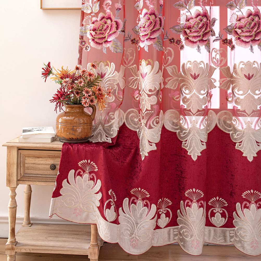 ELKCA Luxury Burgundy Red Chenille Floral Embroidered Curtains - Peony Design Grommet Top Window Drapes 52x84 Inches, 2 Panels for Bedroom, Living Room & Home Decor