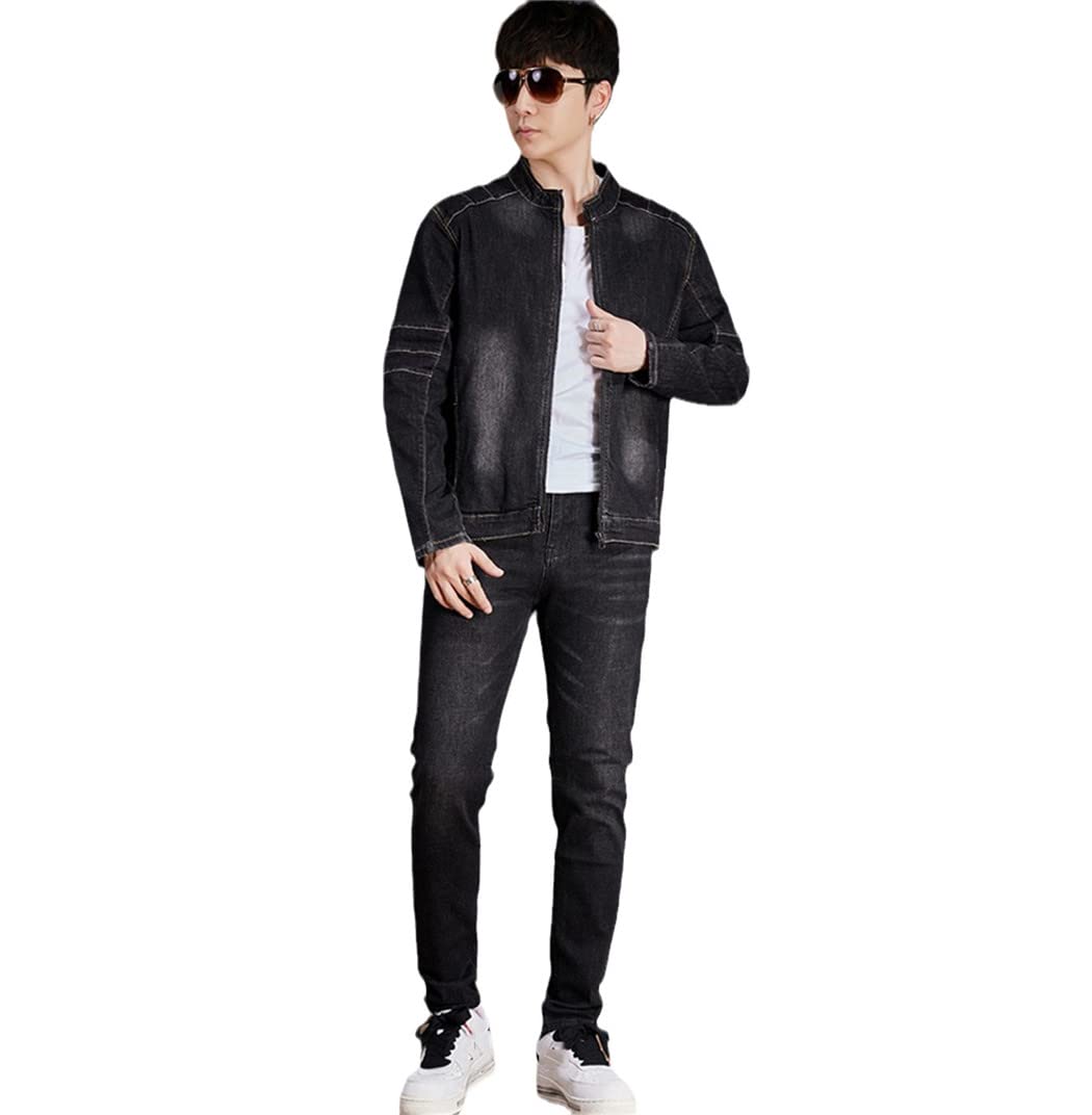 Men's Slim Fit Denim Jacket & Jeans Two-Piece Set - Stand Collar Cowboy Style for Spring & Autumn | Casual Work Wear, Western Outfit for Daily Wear & Outdoor Activities