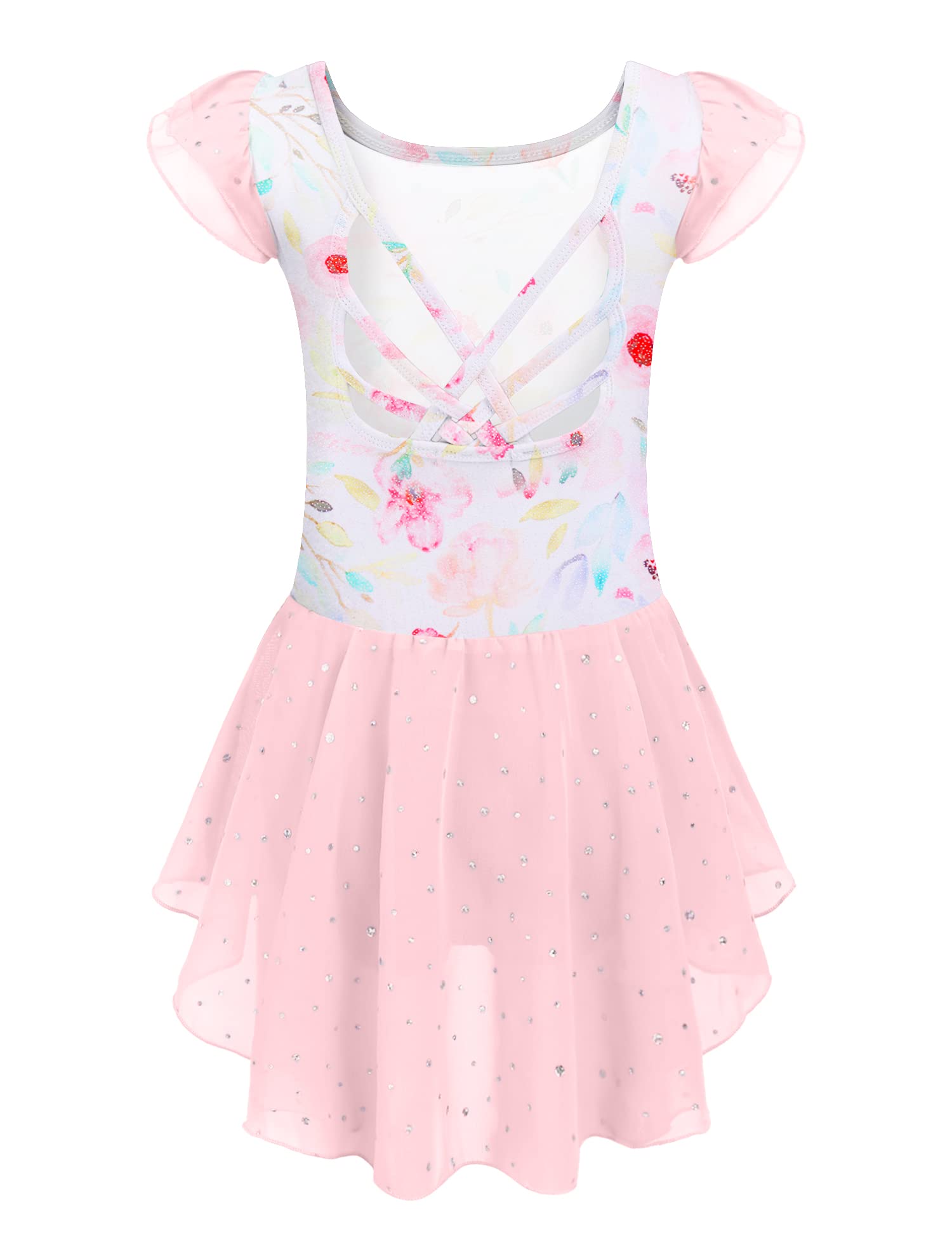 Arshiner Girls Ballet Leotard with Skirt - Shiny Ruffle Sleeve Dance Dress with Criss-Cross Back for Ballet, Jazz, Recital & Performance (Toddler to Kids)