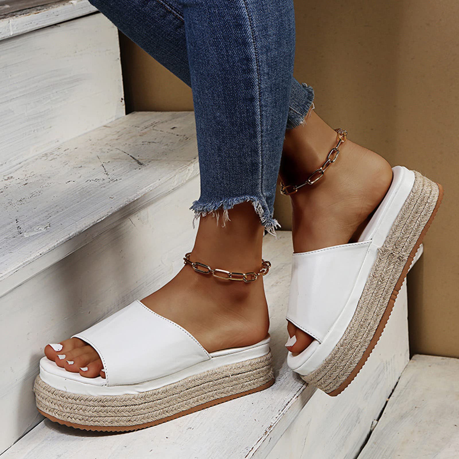 **WOilERQ Women's Thick-Soled Hemp Sandals - Comfortable Summer Slippers for Indoor & Outdoor Use - Breathable Fingerless Beach Sandals - White, Size 36 - Perfect for Beach, Pool, and Home Relaxation**