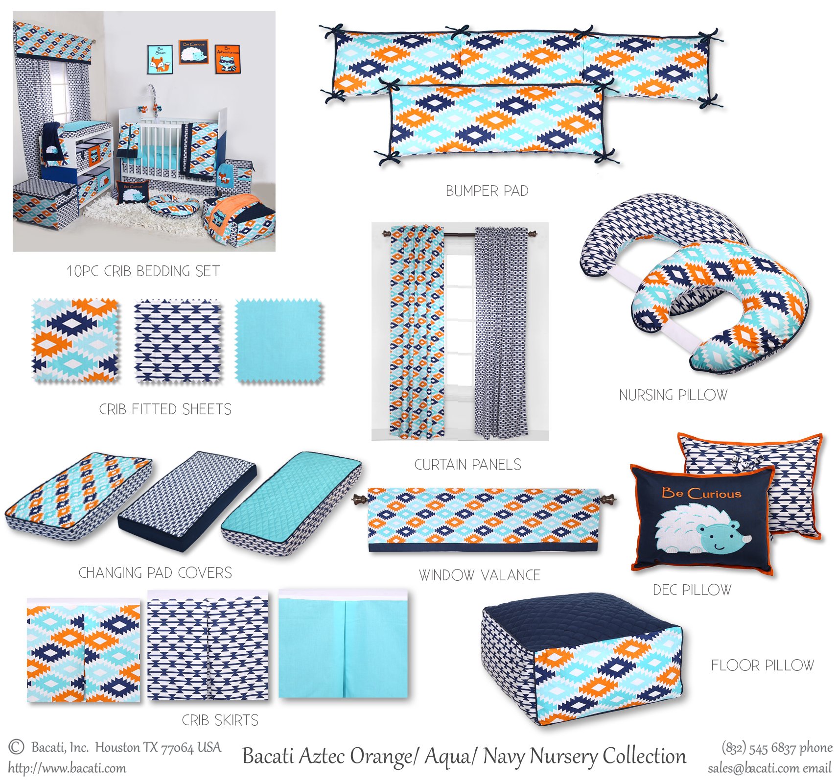 Bacati Liam Aztec Aqua Orange Navy 10-Piece Crib Set with 2 Crib Sheets - Soft Baby Bedding for Nursery, Boys & Girls Room Decor, Complete Crib Set for Newborns & Toddlers