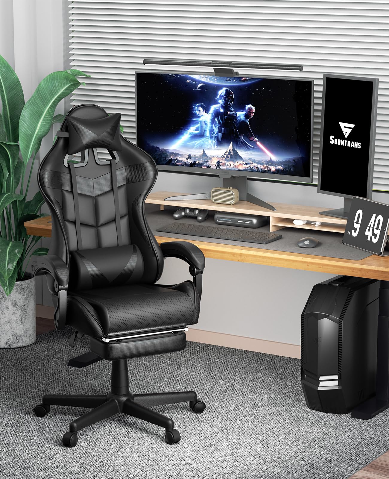 Soontrans Black Gaming Chair with Footrest - Ergonomic Computer Office Chair with Adjustable Headrest & Lumbar Support for PC Gamers - Perfect for Home Gaming Setup & Workstation (Dark Black)