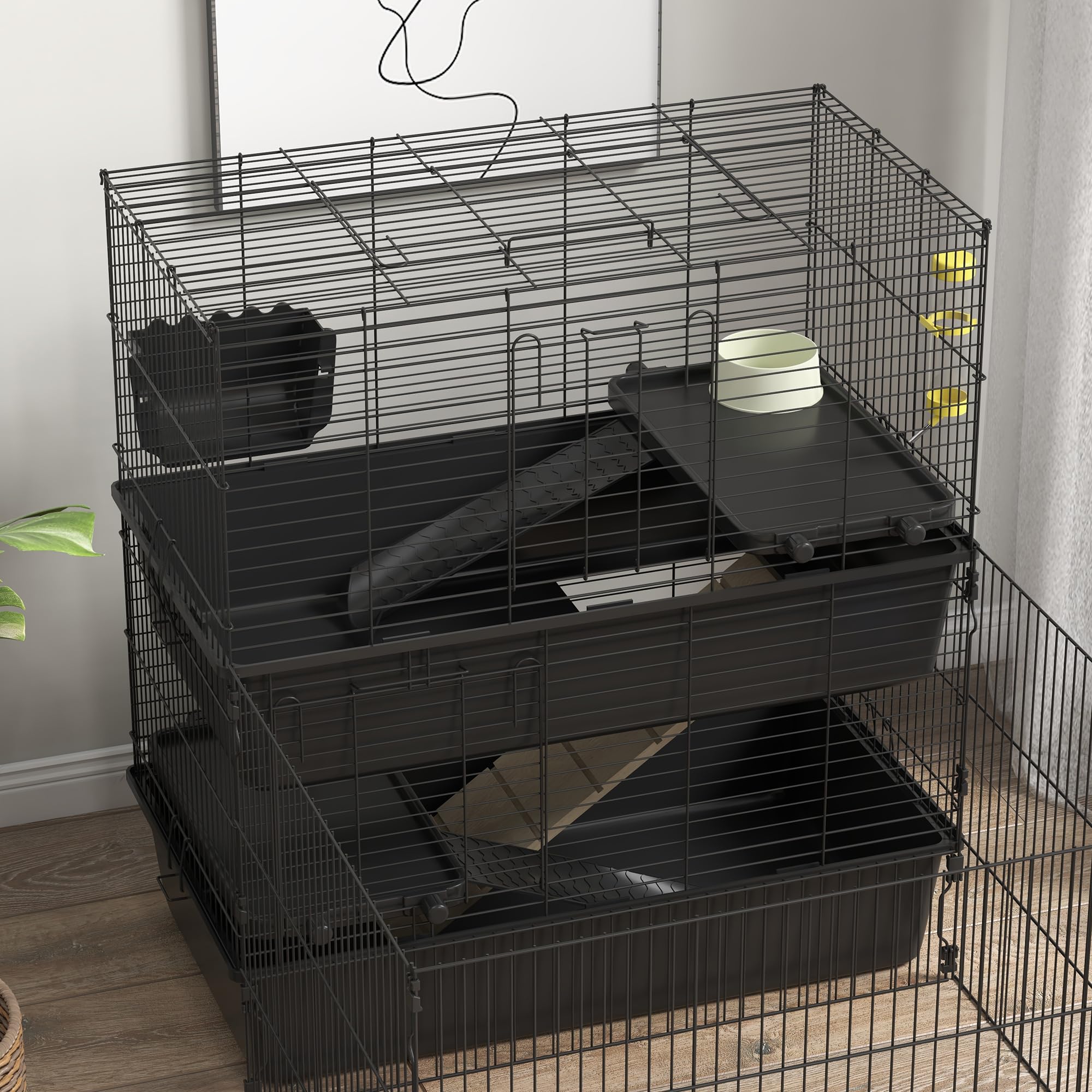 PawHut Small Animal Cage with Playpen - Multi-Level Indoor Pet Habitat for Guinea Pigs, Hedgehogs, Rabbits | Includes Water Bottle, Food Dish, Feeding Trough | Perfect for Small Pet Playtime & Safe Indoor Housing