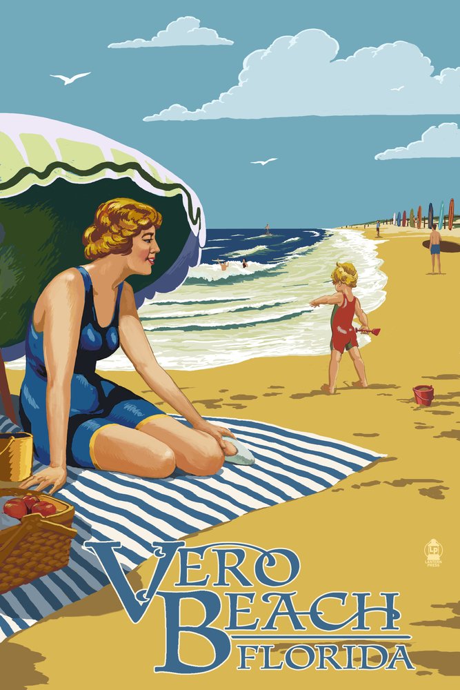 Florida Vero Beach Woman & Ocean Scene - 24x36 Inch Gallery Quality Metal Wall Art, Aluminum Home Decor for Living Room, Bedroom & Office