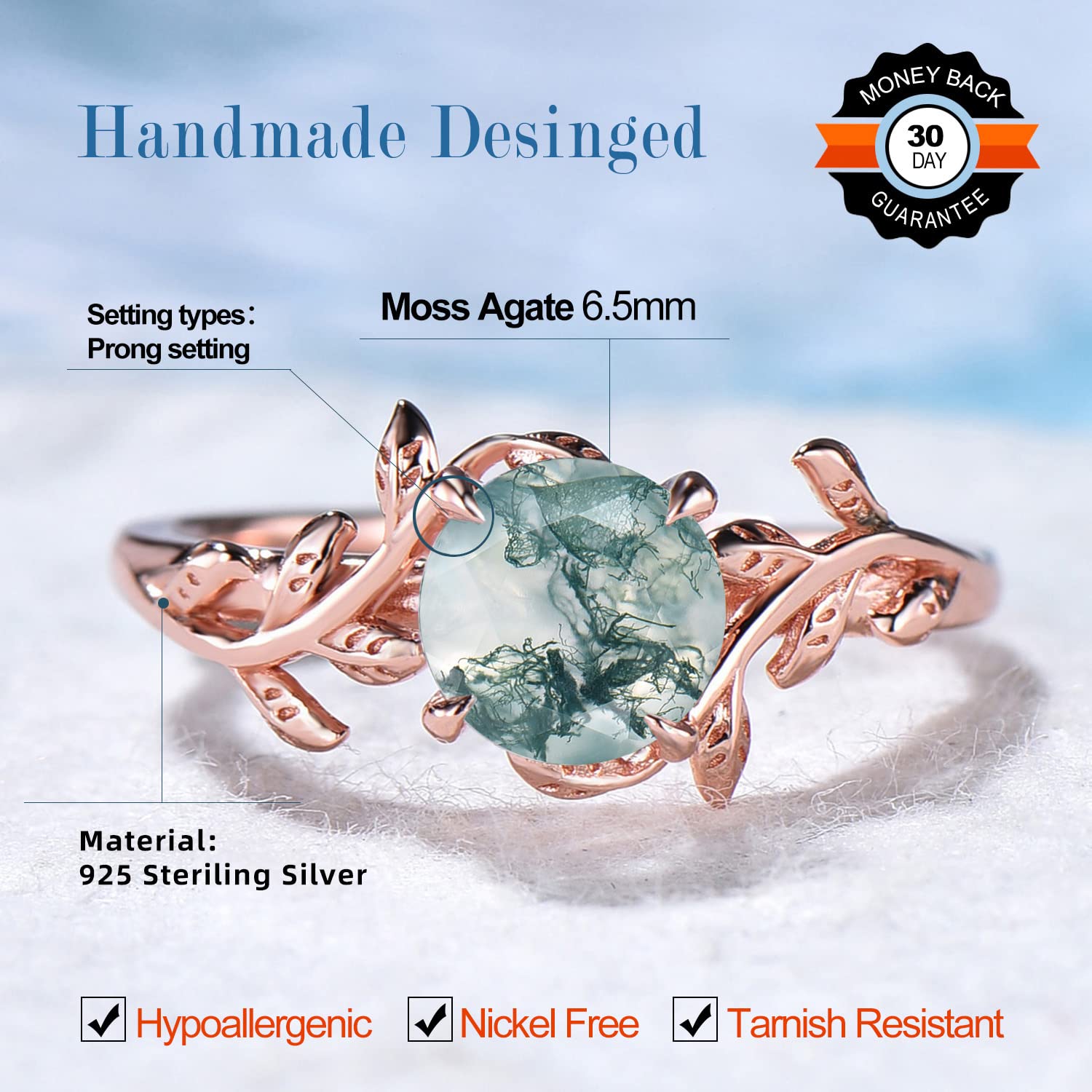 Natural Moss Agate Leaf Engagement Ring for Women - Healing Gemstone Vintage Handmade Jewelry - Perfect for Weddings, Anniversaries & Spiritual Healing