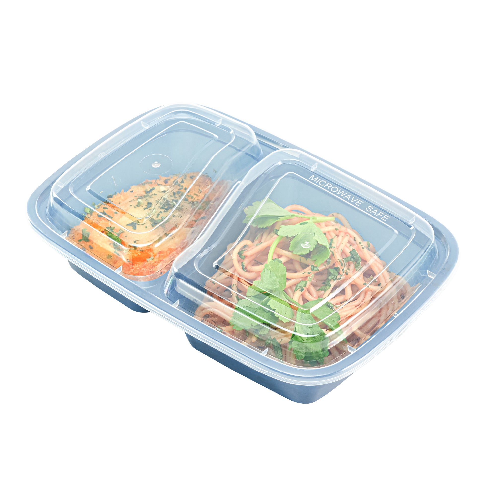 32 oz Midnight Blue Plastic 2-Compartment Food Storage Containers with Clear Lids - Microwave Safe, 8.75