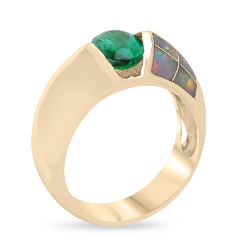 1.05ct 14K Gold Natural Green Oval Emerald & Opal Accent Statement Men's Ring for Wedding, Engagement & Special Occasions - Luxury Jewelry Gift for Him