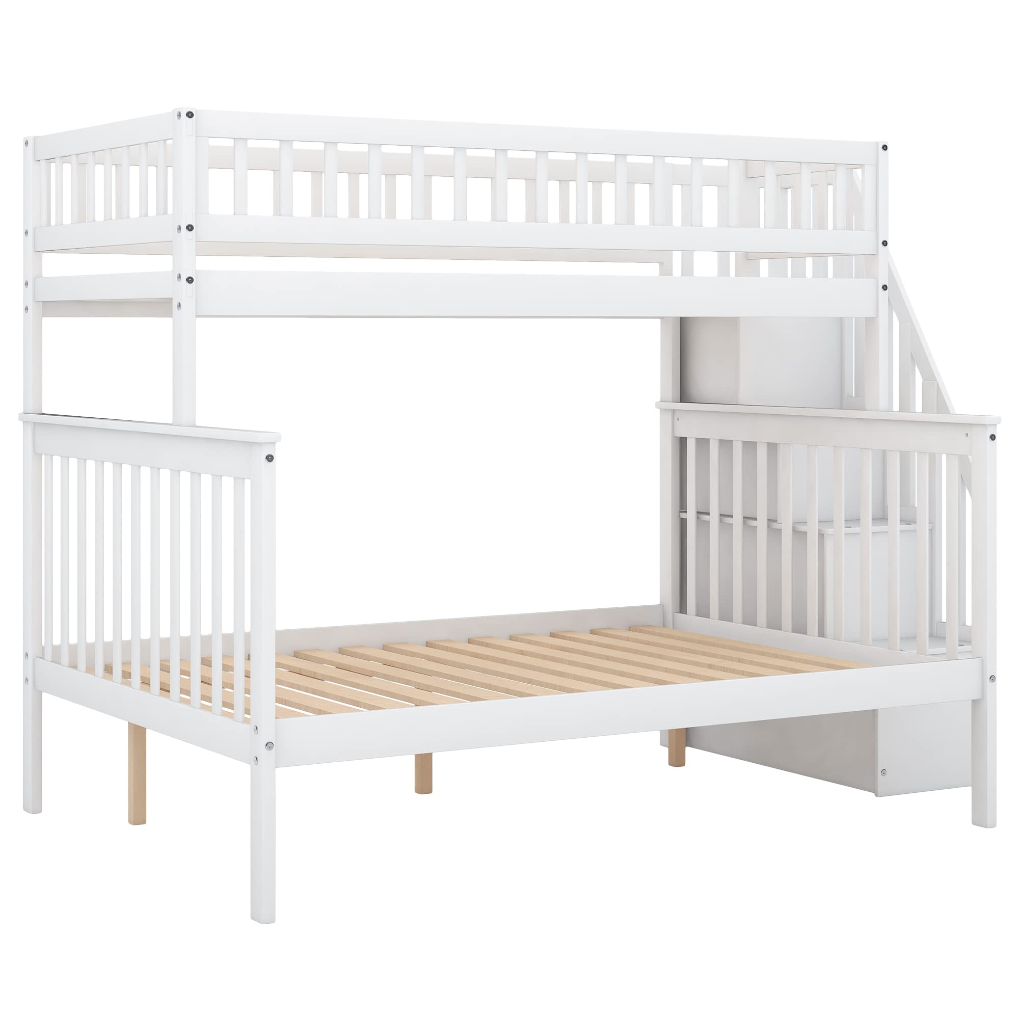 **Space-Saving Twin Over Full Bunk Bed with Stairs - Wooden Convertible Bunk Bed Frame with Storage & Safety Guard Rail - Splits into 2 Separate Beds (White) - Perfect for Kids' Rooms, Guest Rooms & Small Spaces**