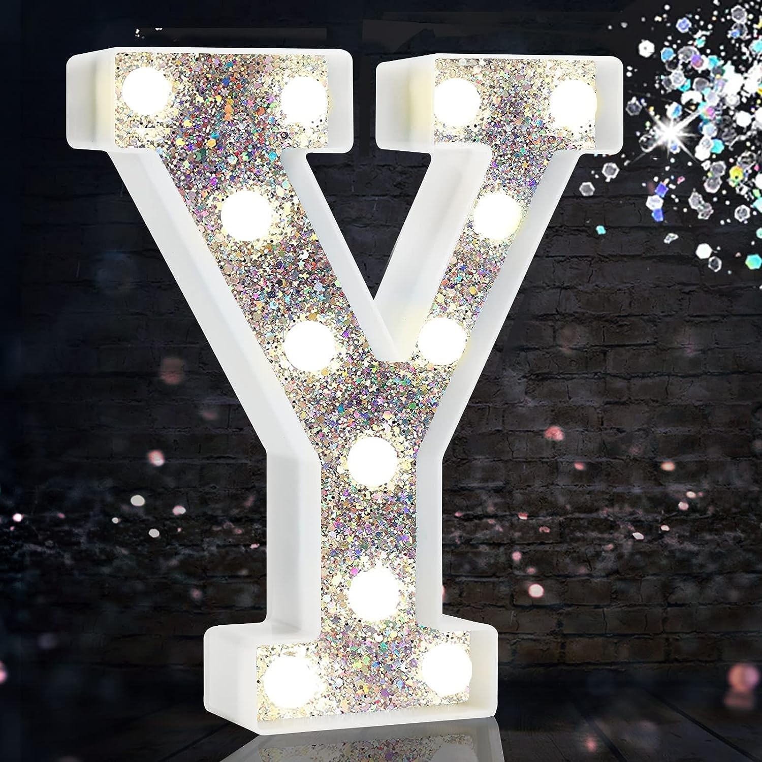 Pooqla LED Marquee Letter Y - Silver Glitter Alphabet Light Up Sign for Home Decor, Birthday Party, Wedding, Christmas & Bar - Battery Powered Night Light Gift for Girls & Women | Perfect for Bedroom, Nursery, Photo Backdrop & Holiday Decorations