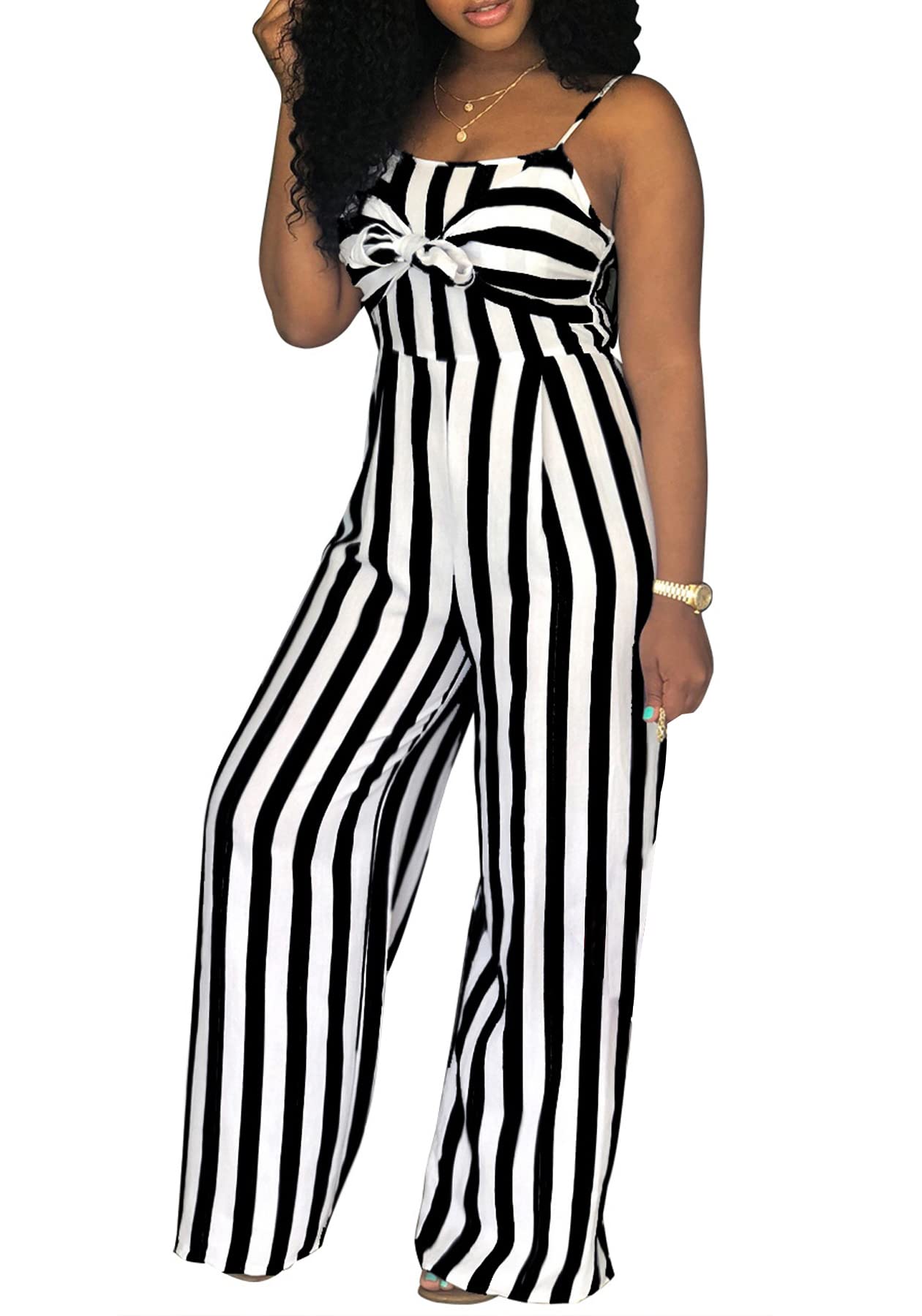 Sexy Striped Spaghetti Strap Jumpsuit for Women - Summer Tie Bow Knot Romper with Long Pants | Perfect for Beach Vacations, Date Nights & Casual Outings