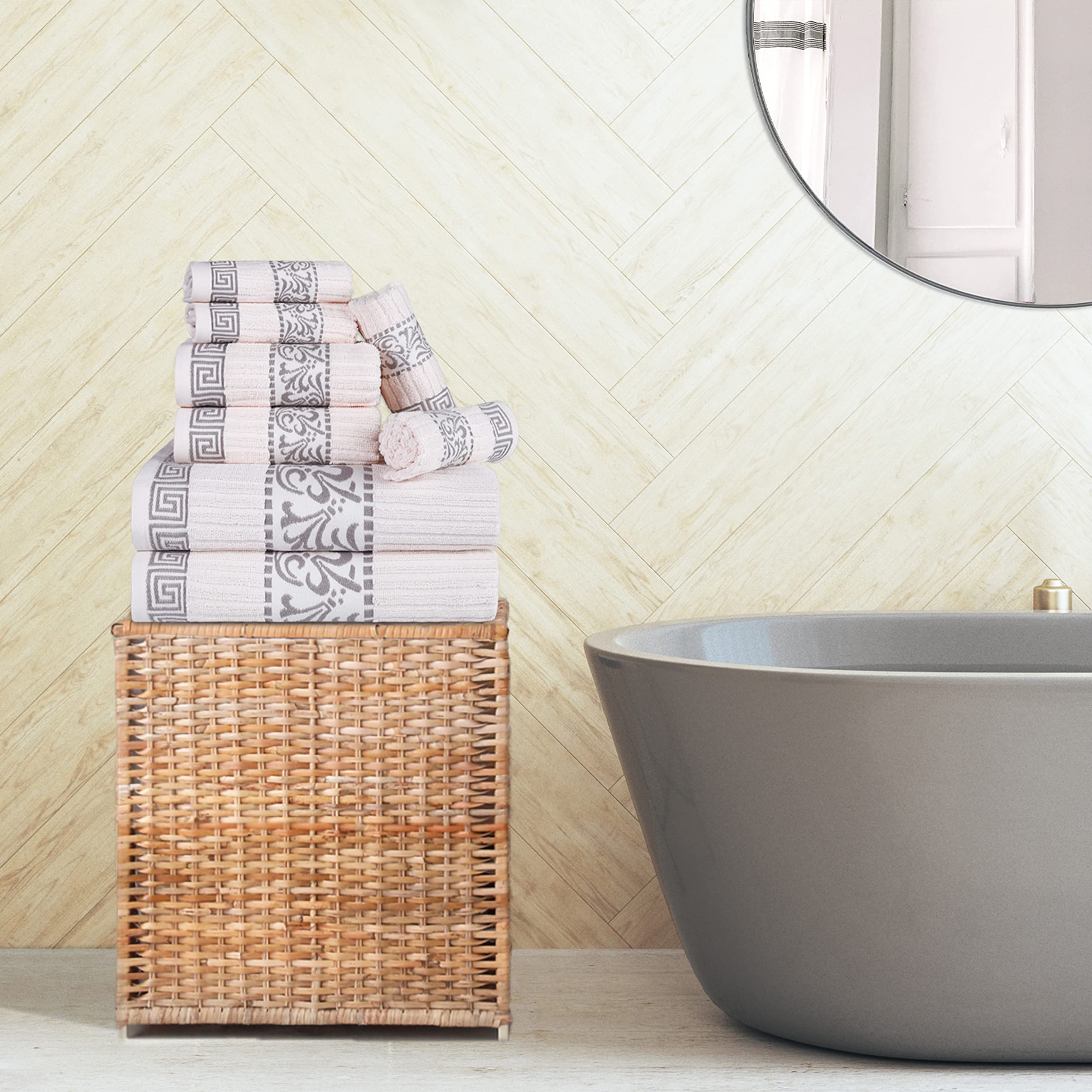Premium 8-Piece Cotton Bath Towel Set with Greek Key Design - Ultra Absorbent Hand, Face & Bath Towels for Bathroom, Spa & Guest Use - Athens Collection in Ivory & Chrome - Perfect for Home Decor & Luxury Bath Essentials