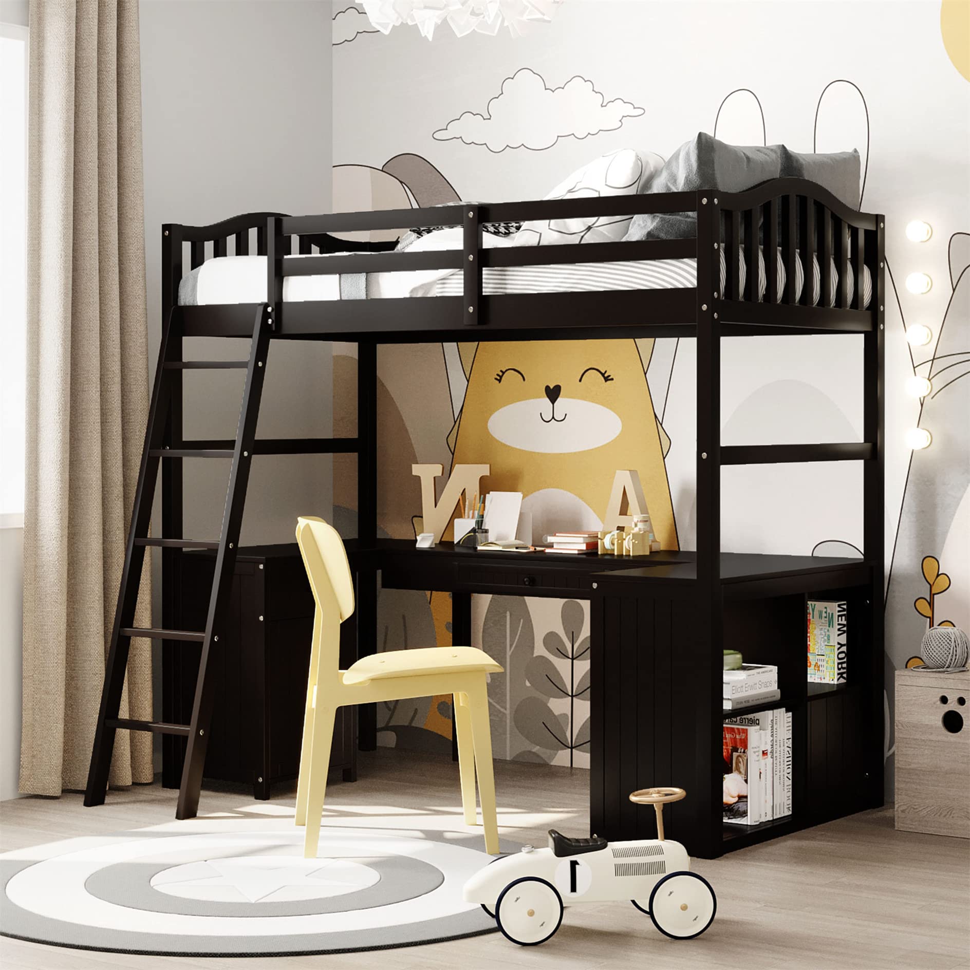 Harper & Bright Designs Wooden Twin Loft Bed with Desk, Drawers & Storage Shelves - Space-Saving High Loft Bed Frame for Kids, Teens & Adults - Perfect for Small Bedrooms, Dorm Rooms & Studio Apartments (Espresso Finish)