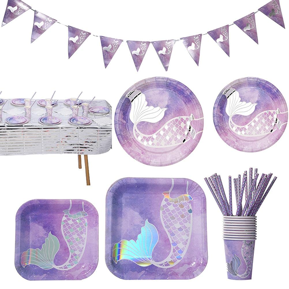 71 PCS Purple Mermaid Party Tableware Kit - Sparkle Plates, Napkins, Cake Plates & Bunting Banner for Under The Sea Party, Baby Shower & Mermaid Birthday Decor (Great for Themed Events & Kids Celebrations)