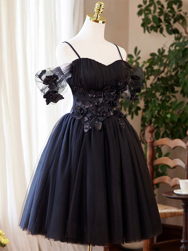 Elegant A-Line Sweetheart Neck Tulle Flower Black Short Prom Dress | Homecoming Party Dress | Perfect for Prom Night, Homecoming Dance & Formal Events