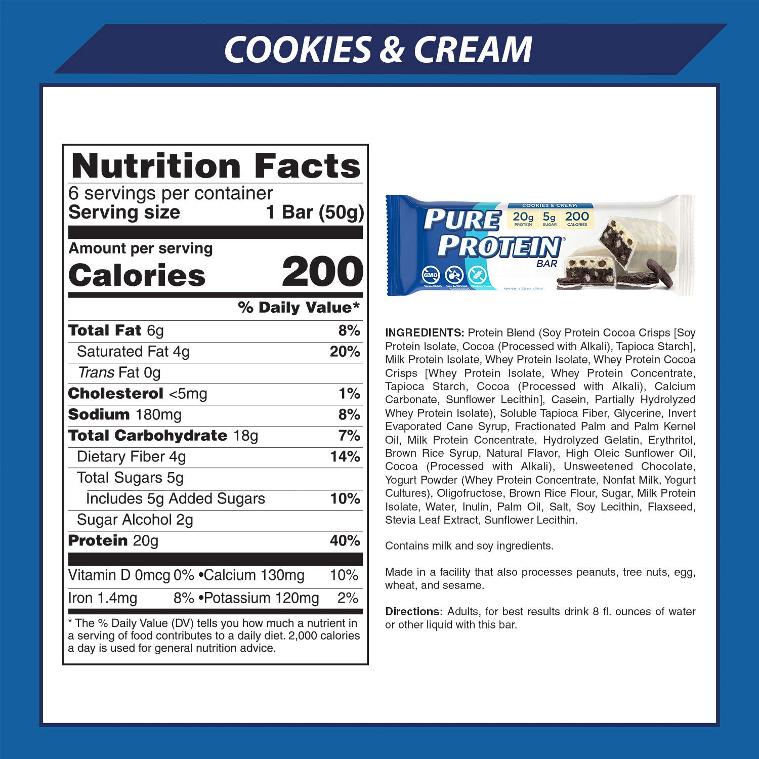 Pure Protein Bars - High Protein Nutritious Snacks for Energy & Muscle Recovery, Cookies & Cream Flavor, 6 Count (Pack of 3) - Perfect for Gym Workouts, Hiking & Healthy On-the-Go Snacking
