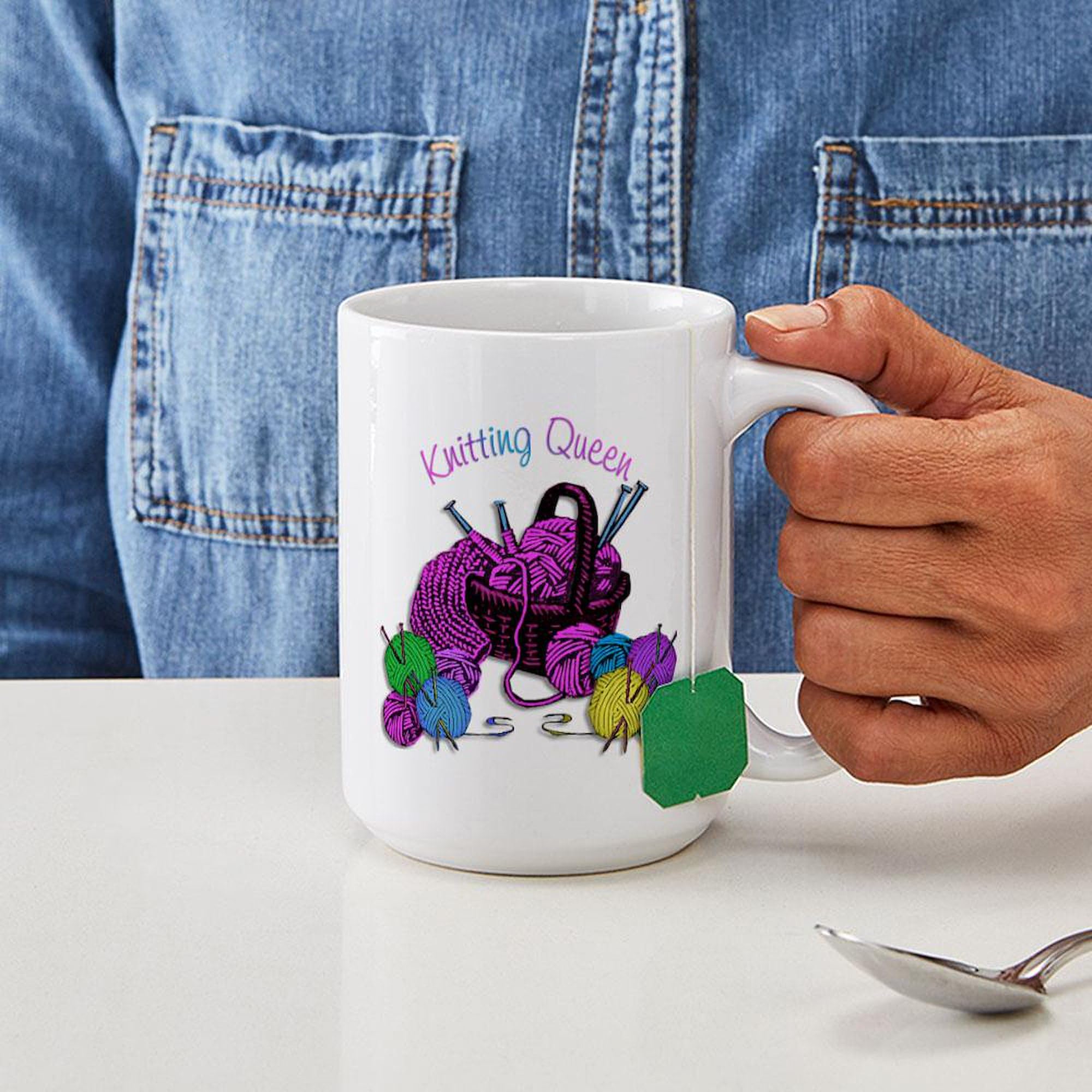 Knitting Queen Large Coffee Mug - 15 oz White Ceramic Cup for Tea & Hot Drinks - Perfect Gift for Knitters & Craft Lovers