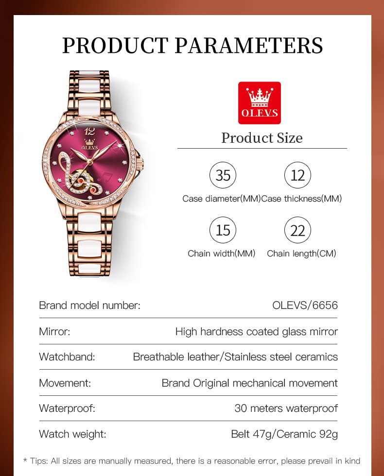 OLEVS Women's Automatic Self-Winding Watch - Red Face Rose Gold Mechanical Diamond Dress Watch for Women, Waterproof & Battery-Free - Perfect for Office, Party & Special Occasions
