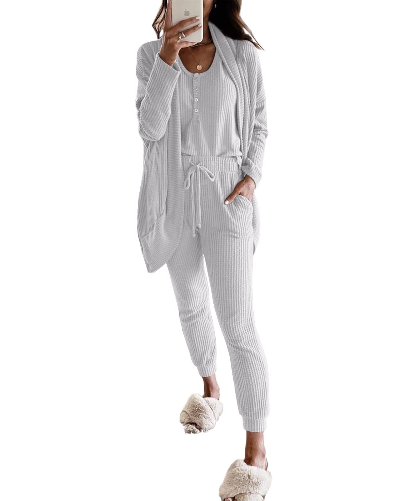 Women's 3-Piece Lounge Set - Soft Waffle Knit Henley Tank Top, Pajama Pants & Cardigan - Cozy Joggers Outfit for Home, Sleep & Relaxation