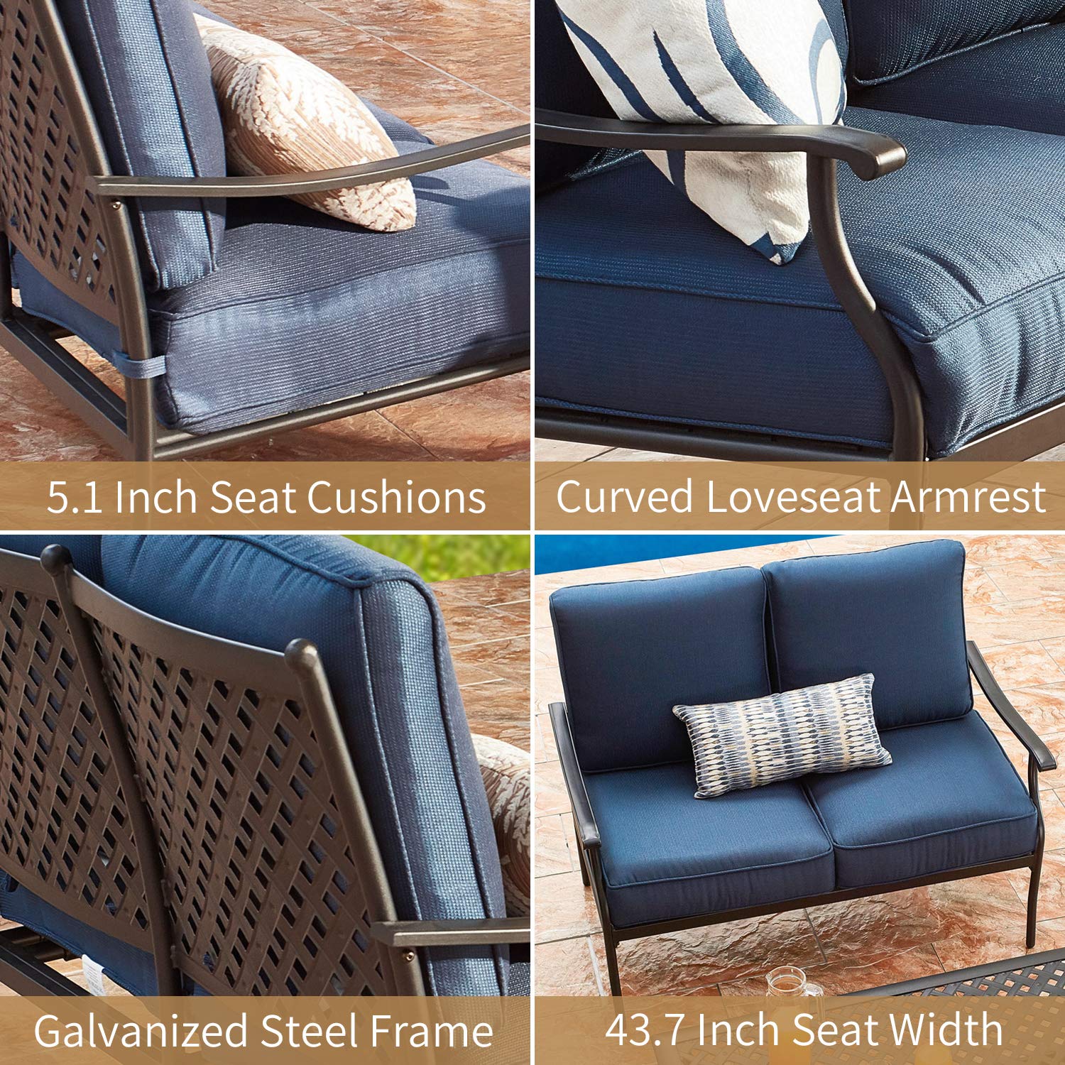 Heavy Duty 2-Person Outdoor Loveseat Set with Cushions & Coffee Table - All-Weather Steel Frame Patio Furniture (Blue, 2-Piece Set) - Perfect for Backyard, Garden, Deck or Poolside Relaxation