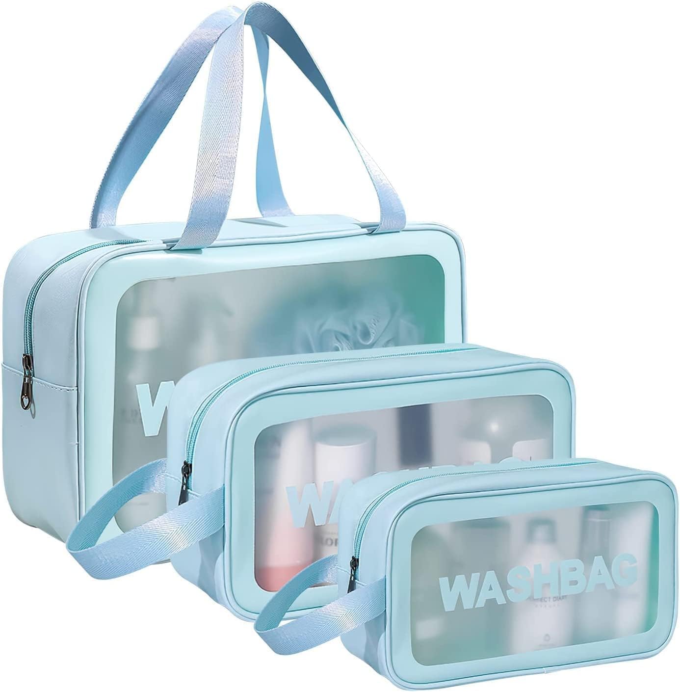 **E-COSMOS Clear Makeup Pouch Set of 3 - Waterproof Cosmetic Organizer Bag for Women & Girls - Travel Toiletry Storage Kit (Blue) - Perfect for Travel, Gym, and Daily Essentials**