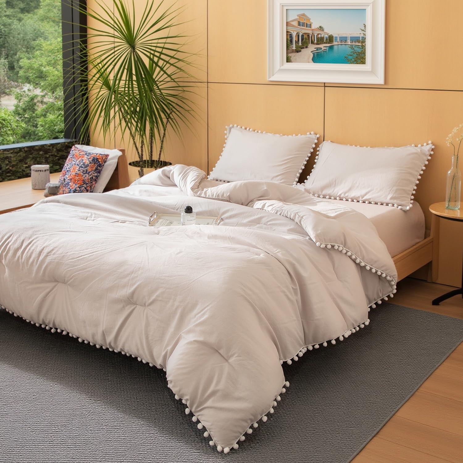 Boho King Comforter Set - Soft Beige Bedding with Pom Fringe for Farmhouse Style Bedrooms