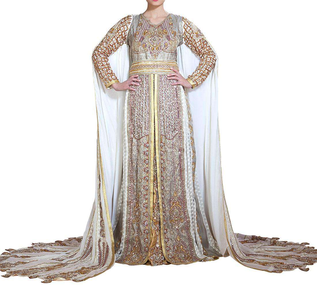 Elegant Gold & Off-White Gray Modern Moroccan Wedding Dress Long Sleeve Caftan - Perfect for Bridal Showers, Destination Weddings & Special Occasions