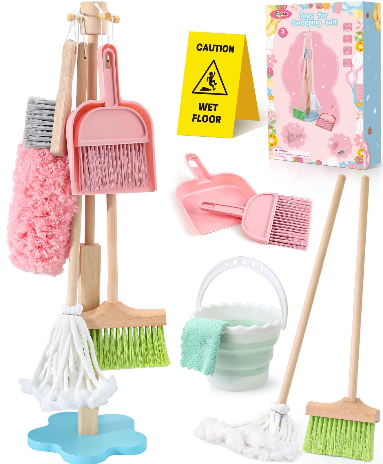 Wooden Kids Cleaning Toy Set - 12 Pcs Pretend Play Housekeeping Playset with Mop, Broom, Dustpan & Bucket - Montessori Learning Toys for Toddlers Age 3-6 - Perfect Gift for Boys & Girls - Encourages Role Play & Cleaning Skills Development