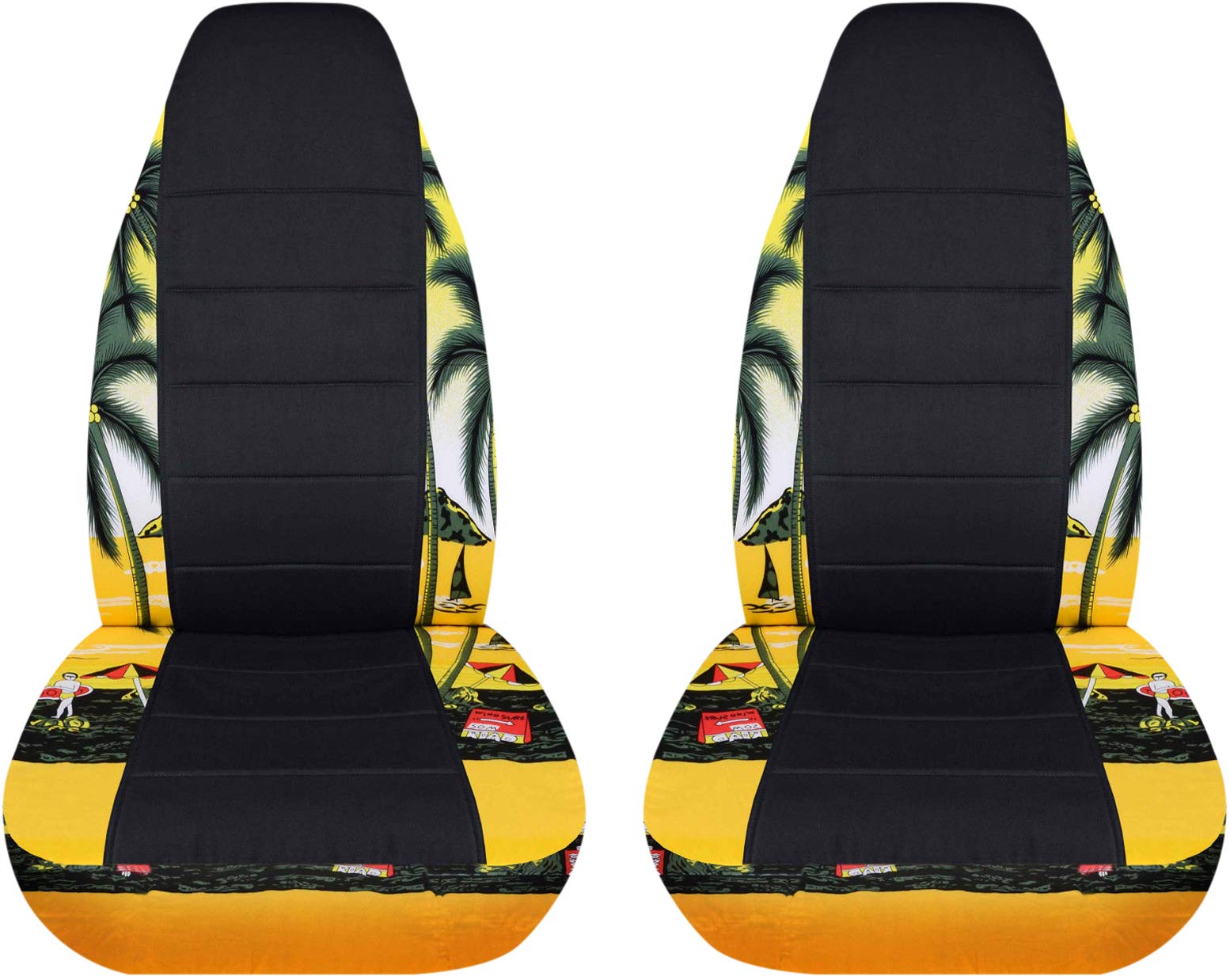 Hawaiian Print & Black Car Seat Covers - Yellow with Palm Tree Design | Semi-Custom Fit for Cars, Trucks, Vans, RVs & SUVs | 6 Stylish Patterns | Perfect for Beach Trips, Summer Road Trips & Tropical-Themed Vehicles