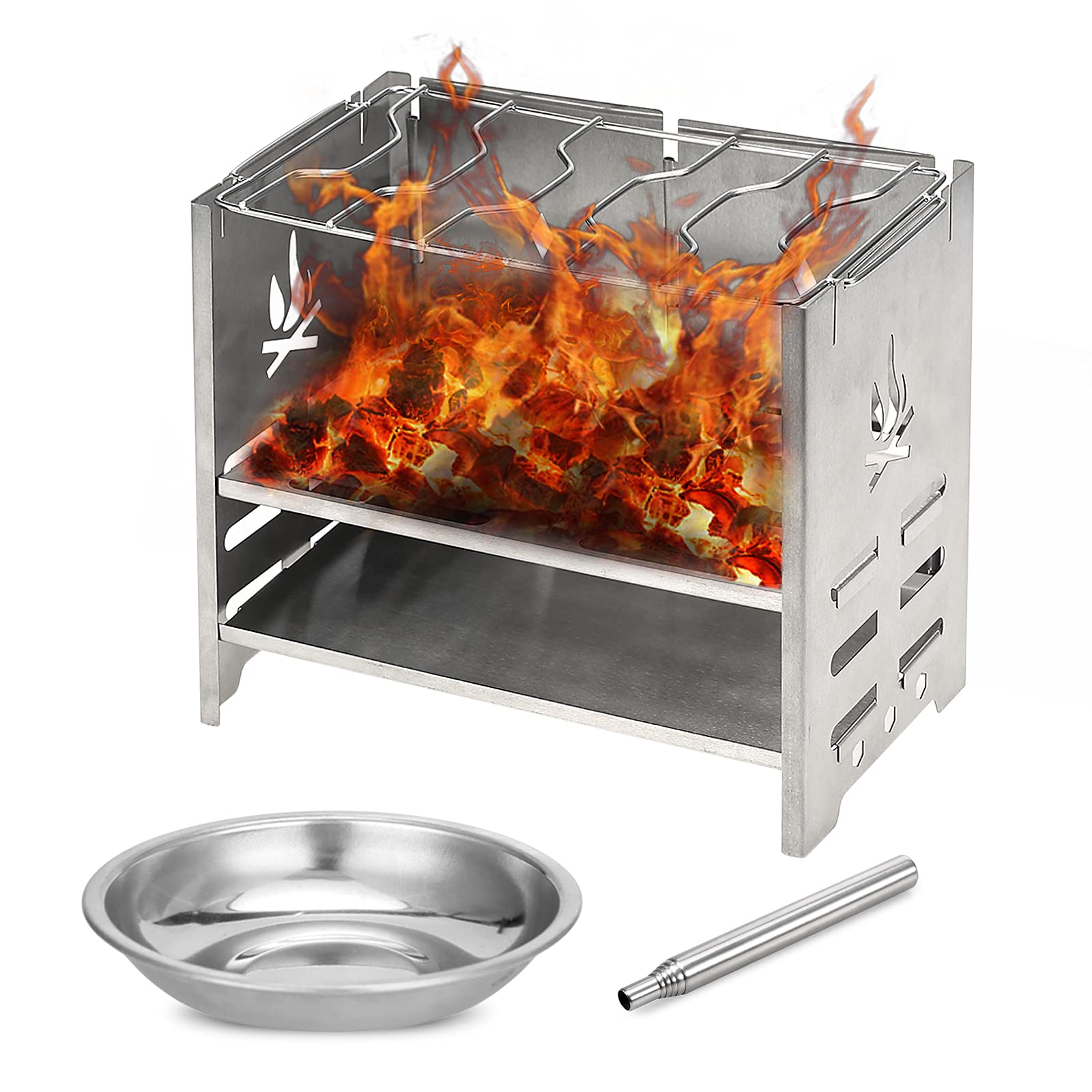 Portable Folding Stainless Steel Backpacking Stove - Compact Outdoor Wood Burning Camp Stove with Alcohol Tray & Bellows for Camping, Hiking, Picnic & BBQ | Lightweight Survival Gear for Backpackers