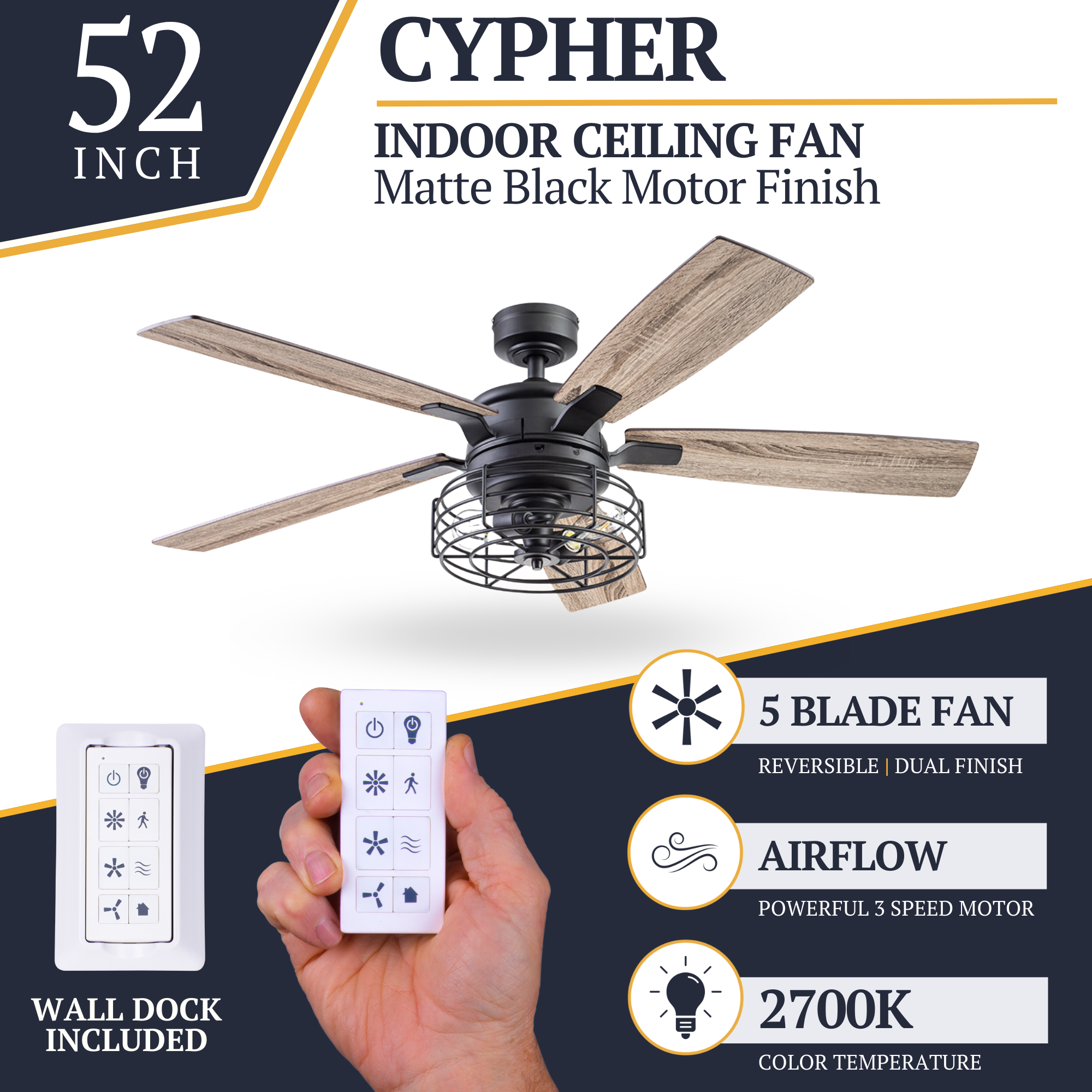 52 Inch Matte Black Remote Control Ceiling Fan with Light - Quiet, Energy Efficient, Modern Design for Bedroom, Living Room, and Office