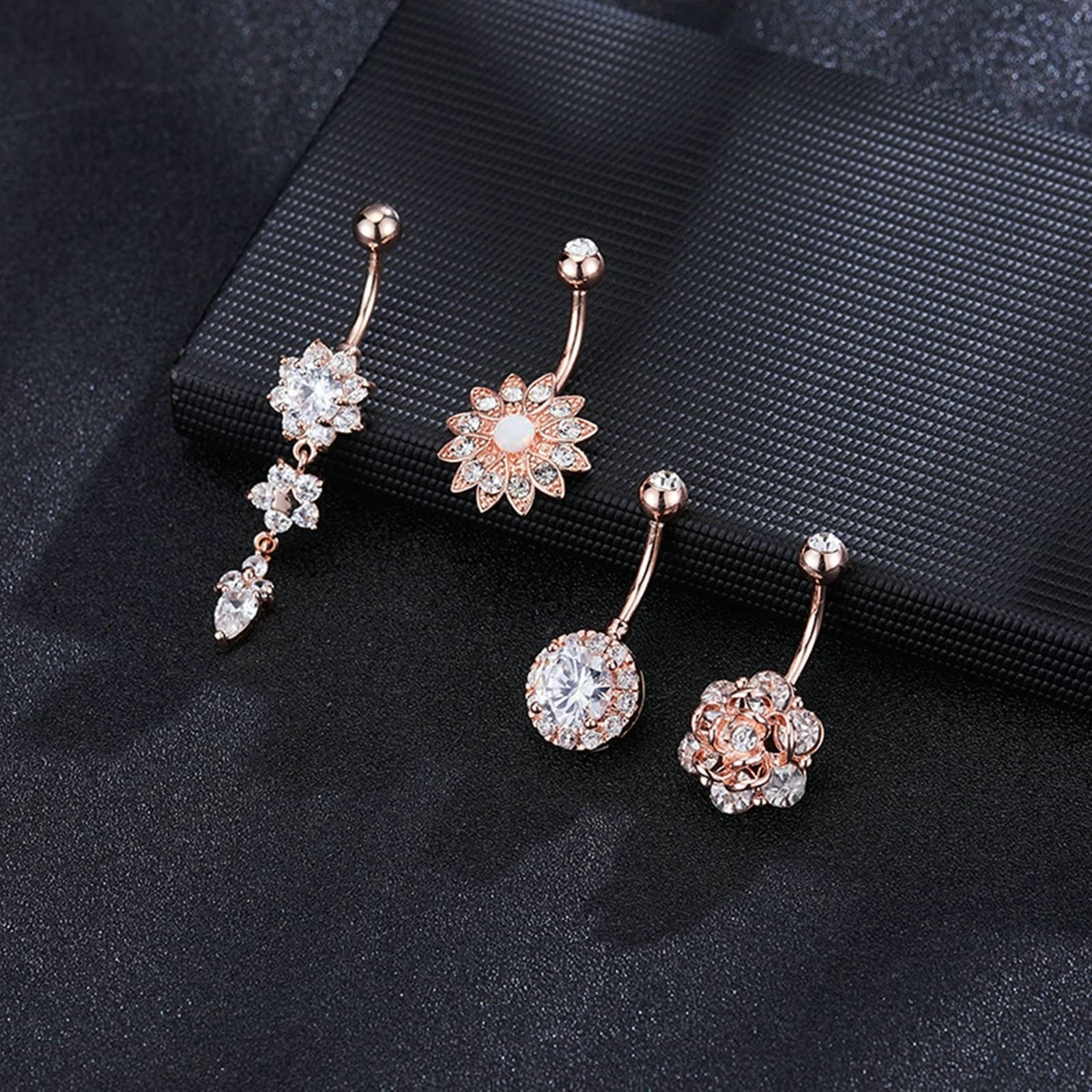 Rose Gold 14G Belly Button Ring for Women - White Cubic Zirconia Flower Design Body Jewelry - Perfect for Beach Parties, Summer Vacations & Casual Outfits