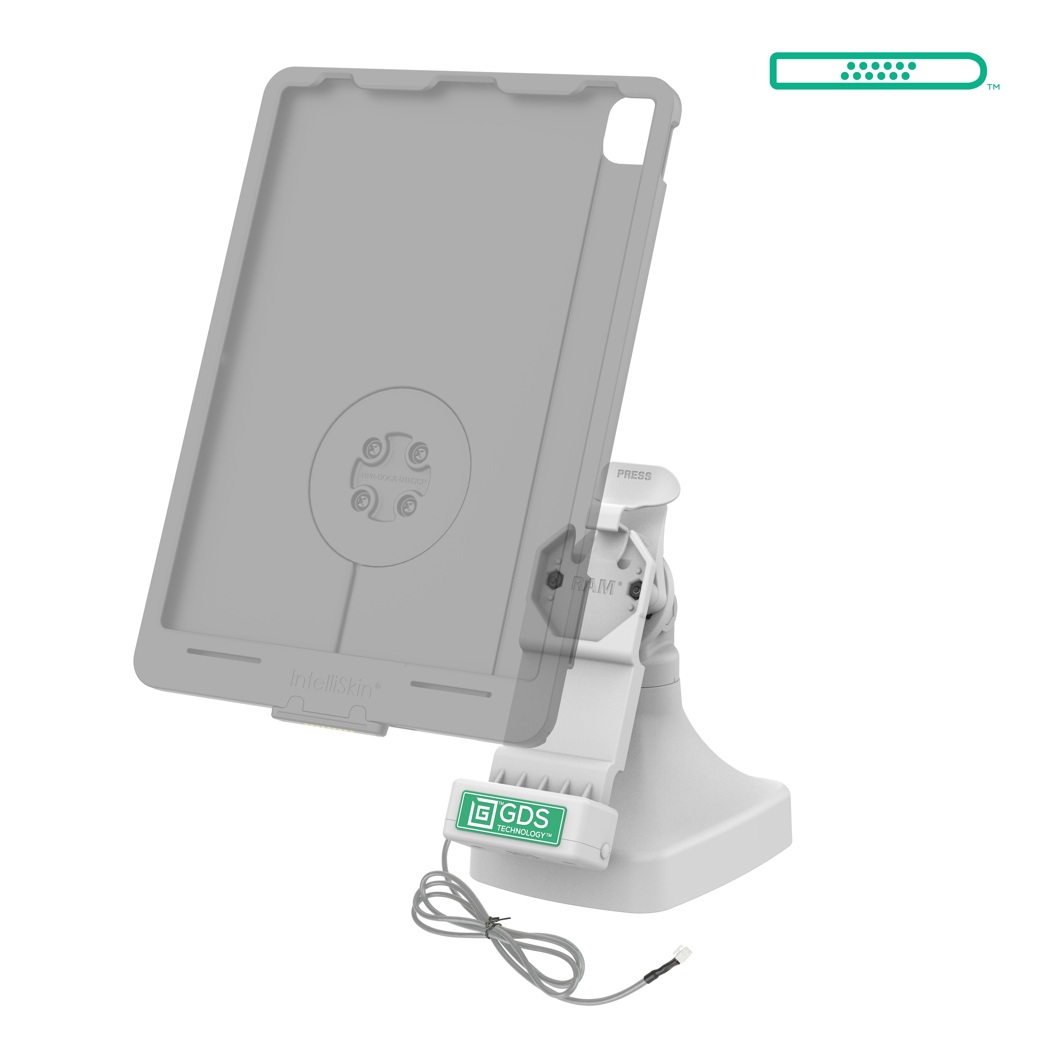 GDS® Uni Conn™ Tilt & Swivel Dock with PoE - Gray (RAM GDS DOCK D14 U1E GRY) | Adjustable Mounting Solution for Tablets & Monitors in Vehicles & Workstations