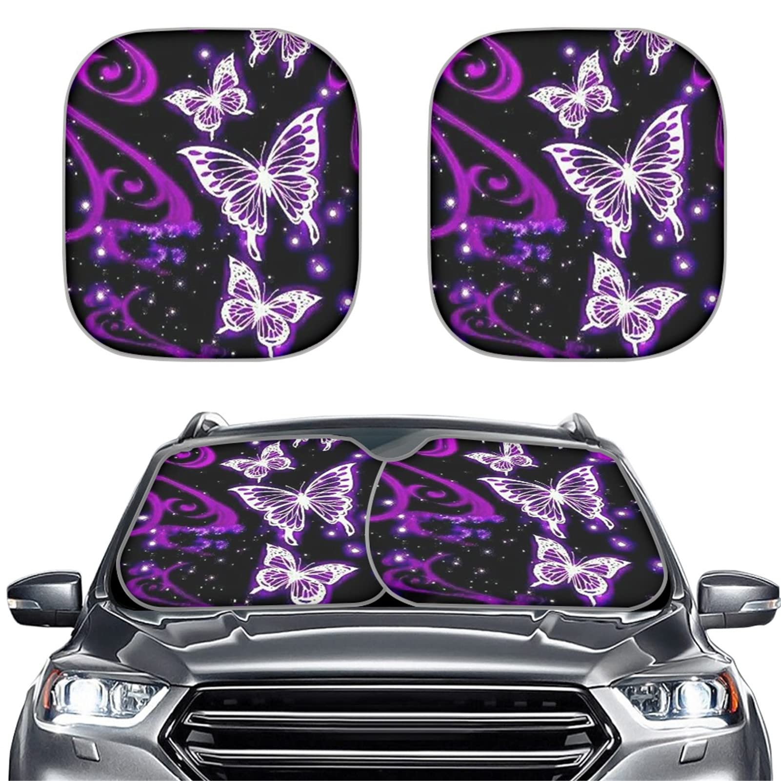 HUGS IDEA Butterfly Pattern Car Windshield Sun Shade - 2-Piece Set, Universal Fit for Most Vehicles | UV Protection & Heat Reduction | Perfect for Summer Parking & Interior Protection