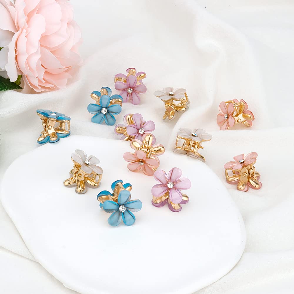 AHONEY 12Pcs Small Crystal Mini Flower Hair Clips & Barrettes for Fine Hair - 4 Elegant Colors | Perfect for Weddings, Parties & Everyday Hair Accessories