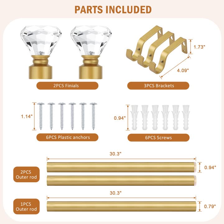 Knobelite Gold 4-Pack Adjustable Window Curtain Rod Set (48-86 Inches) with Crystal Finials - 1-Inch Diameter Decorative Drapery Rods for Living Room, Bedroom & Dining Room